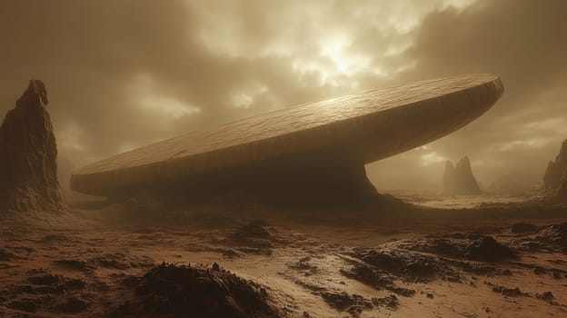 A massive spaceship sits on a rocky terrain filled with dust and debris. The cloudy sky casts a golden glow over the scene as the sun sets in the background, creating an eerie atmosphere.