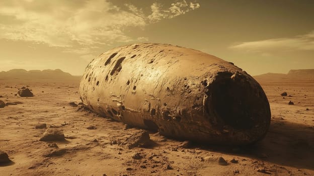 A peculiar, elongated object rests on the barren ground of Mars, surrounded by scattered rocks and dust. The hazy atmosphere creates an otherworldly ambiance during sunset.