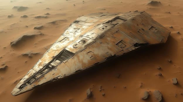 An unidentified spacecraft rests on the Martian surface, surrounded by rocky terrain and dust. Its angular design raises questions about its origin and purpose.