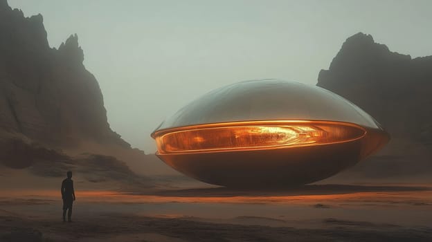 In a spooky, barren terrain, a solitary figure gazes at a glowing, futuristic spaceship resting on the ground. The eerie atmosphere hints at alien technology and exploration.