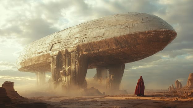 A massive, futuristic spacecraft stands majestically in a desert setting during sunset. A solitary figure in a red cloak draws near, creating an atmosphere of intrigue and wonder.
