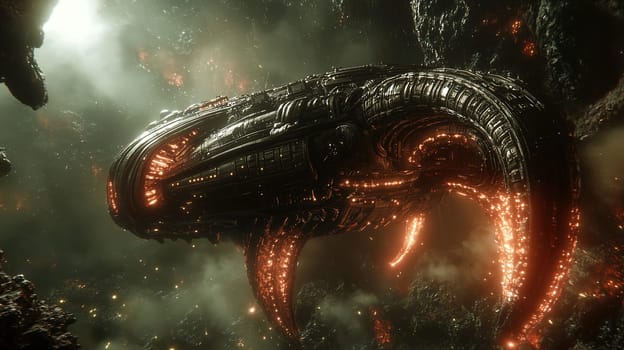 A colossal alien spacecraft hovers in a rocky setting, its intricate design enhanced by glowing lights. The atmosphere suggests a mysterious interstellar adventure, captivating and eerie.