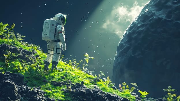 An astronaut stands quietly on a vibrant green surface of an asteroid, gazing at a large rock formation while sunlight filters through the atmosphere above, showcasing a serene moment in space.
