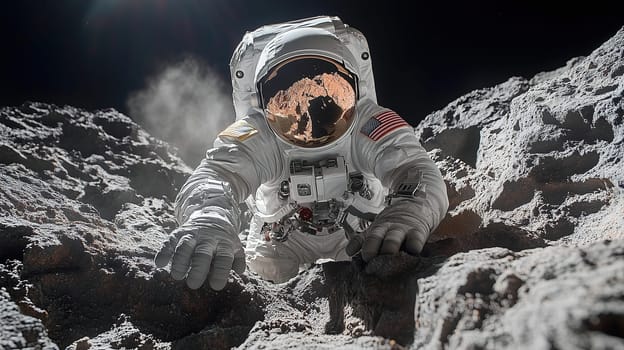 An astronaut in a spacesuit navigates the rugged terrain of the moon, using their hands to grasp the rocky surface. The low-light atmosphere adds to the mysterious surroundings.