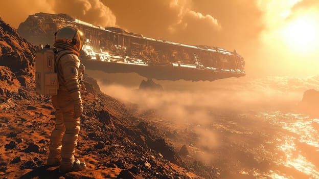 An astronaut stands on a barren, rocky surface, gazing at a massive spaceship floating in the sky. The landscape is bathed in warm sunset hues, enhancing the surreal atmosphere.
