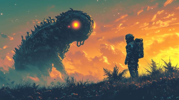 An astronaut stands in awe before a giant creature in an otherworldly setting, with dramatic clouds and a colorful sunset illuminating the scene.