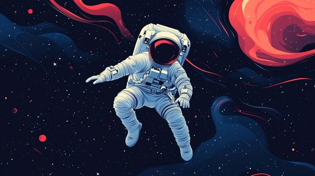 An astronaut drifts peacefully through space, exploring the beauty of the cosmos. Vibrant clouds and stars create a mesmerizing backdrop of exploration and discovery.