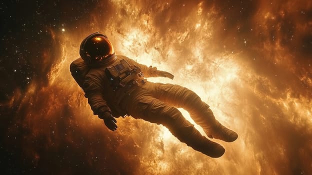An astronaut drifts peacefully in space, enveloped by a brilliant explosion of colors and light, creating a stunning cosmic display that captivates the imagination.