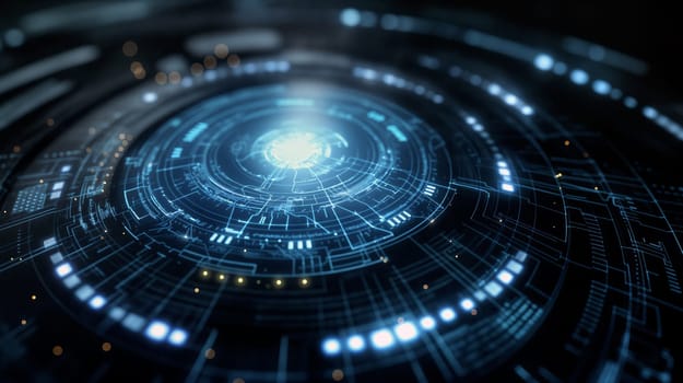 This digital representation showcases a complex circular design featuring glowing lights and intricate patterns, giving a glimpse into advanced technology and data visualization - Generative AI
