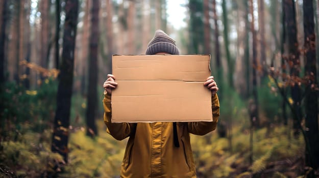 Climate activist wearing a beanie and a jacket stands in a tranquil forest, holding a blank cardboard sign among colorful trees - ecology concept - Generative AI