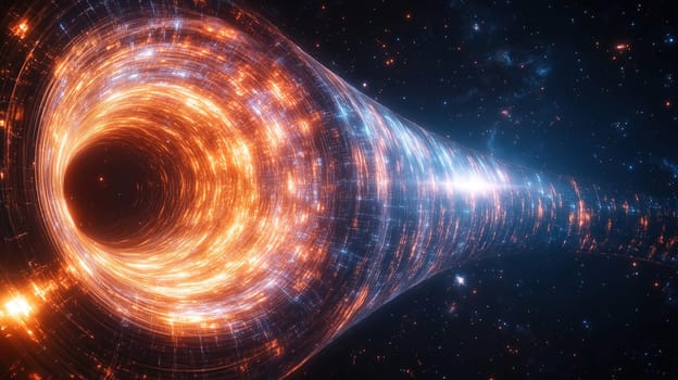 A swirling black hole captivates with its bright colors as it draws in cosmic material, surrounded by the beauty of a distant galaxy in space.