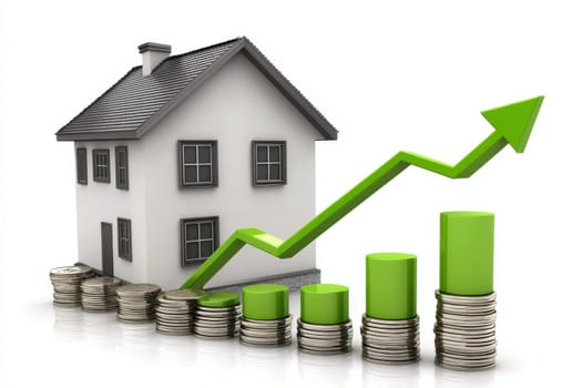 This image showcases the concept of real estate investment growth featuring a house, stacks of coins, and an upward graph, symbolizing financial progress and prosperity.