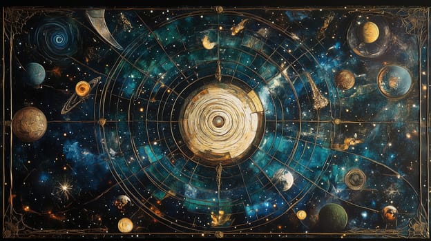 This artwork showcases a detailed map of the solar system with planets, swirling galaxies, and stars set against a dark background, creating a mesmerizing cosmic view.