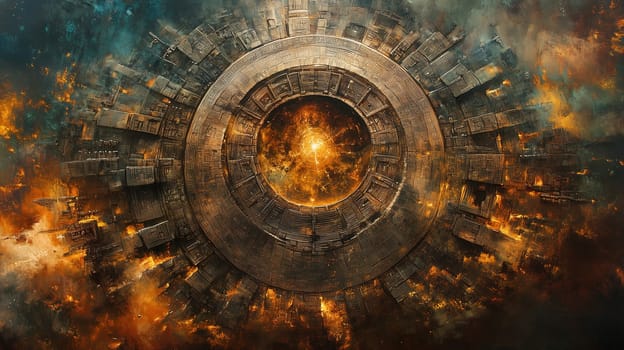 A large ancient symbol sits at the center, encircled by vivid cosmic energy and flames, creating an intense atmosphere of mystery and power as night approaches.