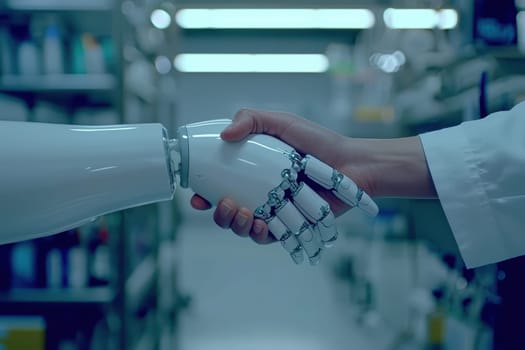 A human hand firmly shakes a robotic limb in a cutting-edge lab, symbolizing the partnership and innovation between human expertise and advanced technology.