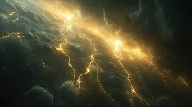 Golden lightning streaks across a stormy twilight sky, illuminating dark clouds while creating a dramatic, electrifying atmosphere filled with energy and mystery.