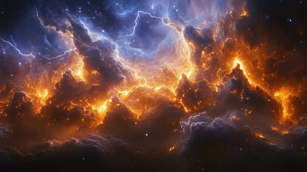 A stunning cosmic storm lights up the nebula with fiery shapes and swirling clouds. The vivid oranges and blues contrast dramatically against the darkness of space.