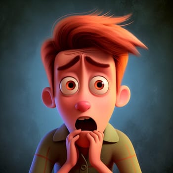 A cartoon boy with red hair and a shocked expression. The boy is looking at the camera with his mouth open