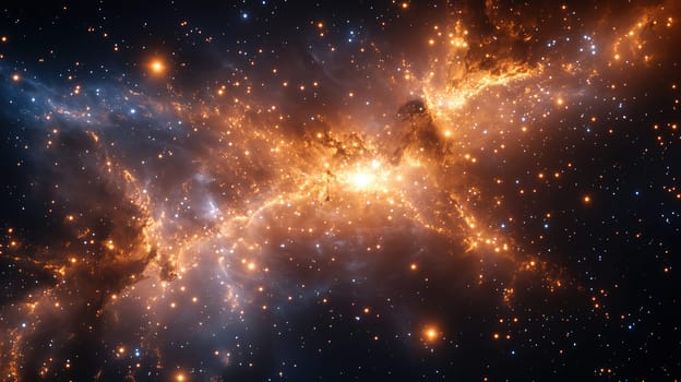 A vibrant galaxy displays a stunning array of glowing stars, showcasing swirling clouds of gas and dust in the depths of space. This cosmic beauty highlights the vastness of the universe.