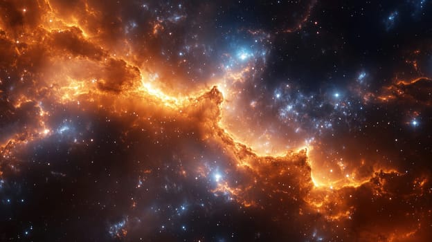 A vibrant cosmic nebula glows with warm oranges and cool blues, surrounded by countless distant stars in the depths of space. This breathtaking stellar landscape highlights the beauty of the universe.