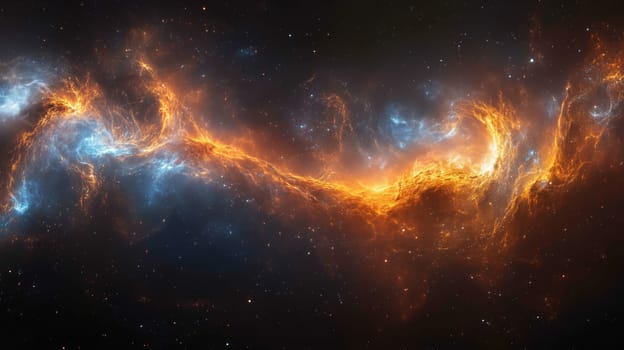 A mesmerizing cosmic nebula displays swirling colors of orange and blue, showcasing the vast beauty of the universe in a celestial landscape filled with energy.