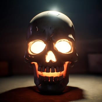 A skull with a light shining on it. The skull is illuminated and has a creepy, eerie appearance