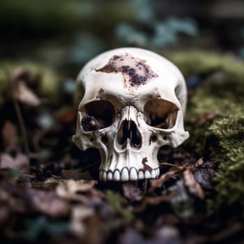 A skull is sitting on a pile of leaves and moss. The skull is white and has a few brown spots on it. The image has a creepy and eerie mood, as the skull is surrounded by nature and he is out of place