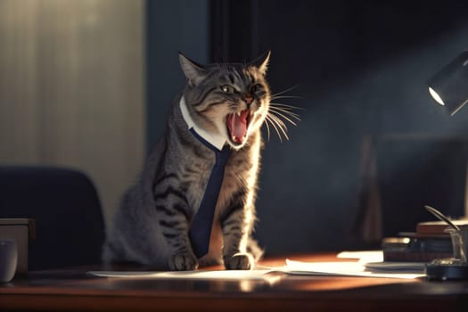 A cat wearing a tie is sitting on a desk with papers and a cup. The cat appears to be angry and is making a loud noise. The scene is humorous and playful