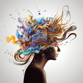 A woman's head with colorful hair and a face with a lot of paint splatters. The image has a creative and artistic feel to it, with the colors