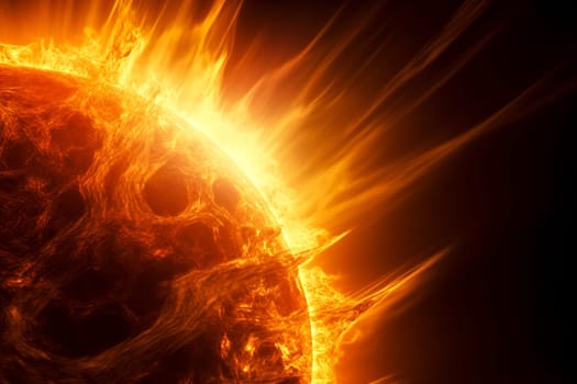 A close up of a sun with fire coming out of it. The sun is orange and the fire is bright