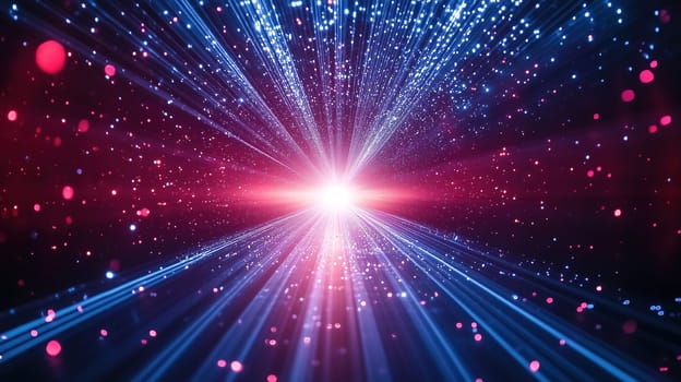 Bright beams of light burst from a central point, surrounded by shimmering particles in an abstract cosmic environment, evoking a sense of depth and wonder.