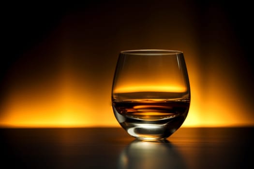 A glass of whiskey is sitting on a table. The glass is half full and the liquid inside is brown. The image has a warm and inviting mood, as the whiskey is a popular drink for socializing