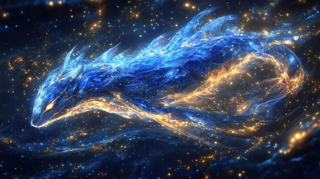 In a captivating cosmic setting, a shimmering blue dragon glides gracefully through a star-filled expanse, surrounded by twinkling lights and ethereal wisps of energy.