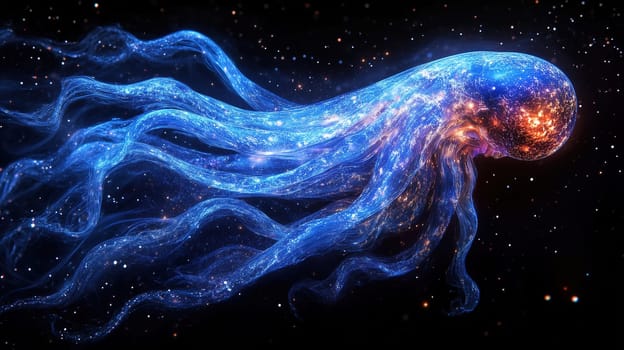 This ethereal jellyfish glows brightly as it gracefully navigates the vast expanse of space, surrounded by stunning stars and nebulae, creating a mesmerizing cosmic display.