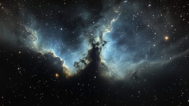 The Carina Nebula reveals its majestic clouds and twinkling stars, creating a breathtaking cosmic display in the night sky over a serene landscape.