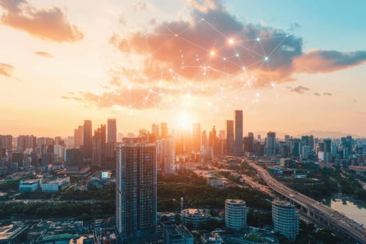 Captivating aerial view of an urban skyline during sunset, featuring digital network connections above the city, illustrating the harmony of nature and technology.