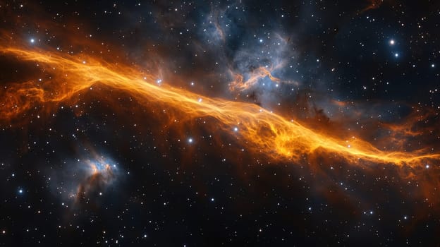 This captivating sight showcases a bright orange cosmic filament stretching across the dark expanse of space, surrounded by distant stars and colorful nebulae.