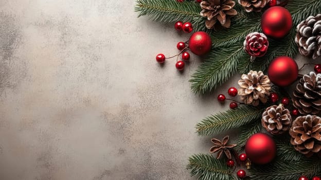 Festive Christmas arrangement with red ornaments, pine cones, and greenery. This beautiful decoration evokes warm holiday spirit, perfect for seasonal celebrations.