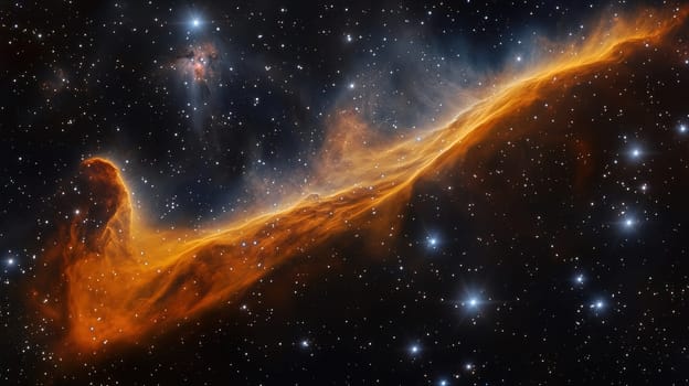 A mesmerizing cosmic cloud formation stretches across the night sky, glowing in vibrant hues while surrounded by countless distant stars twinkling against the dark backdrop.