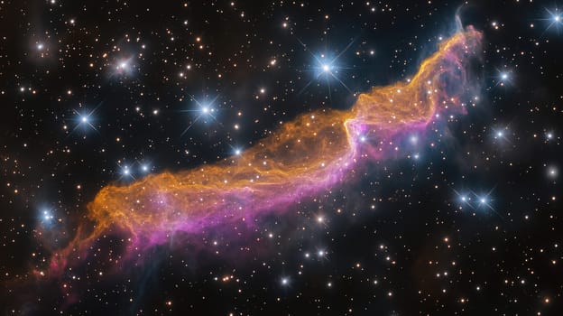 A vibrant nebula stretches across the cosmos, glowing with hues of orange and pink while surrounded by sparkling distant stars in a dark galaxy, showcasing the beauty of space.