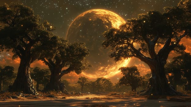 A tranquil forest scene features ancient trees silhouetted against a large glowing moon surrounded by shimmering stars. The night sky creates a magical atmosphere that captivates the viewer.
