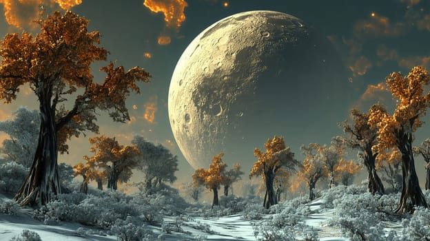 In a serene wilderness, tall autumn trees with golden leaves stand amidst a snowy landscape. A massive moon illuminates the scene, creating a tranquil twilight atmosphere.