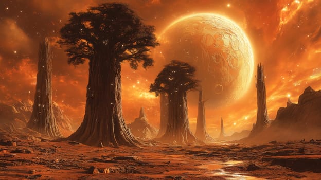 In a stunning alien environment, colossal trees rise amidst rocky terrain, illuminated by the light of a massive planet. The sky is ablaze with orange hues, creating an otherworldly atmosphere.