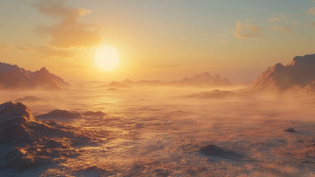 The sun rises above the horizon, casting warm golden light over the ocean. Mist lingers over the rocky landscape, creating a peaceful morning atmosphere.