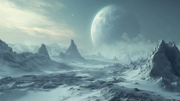A breathtaking expanse of snow and ice showcases towering rocky formations beneath a gigantic moon. The serene sky adds to the calmness of this arctic wilderness, inviting contemplation.