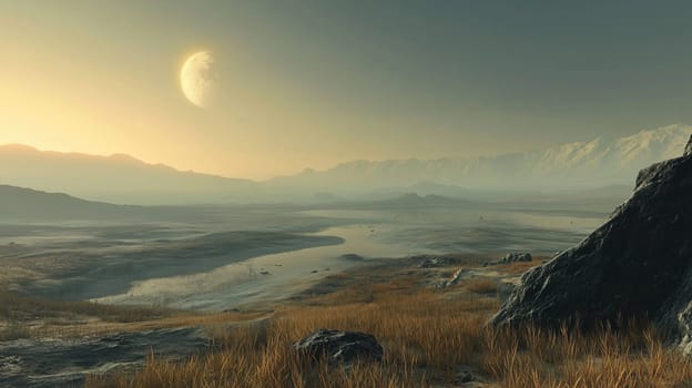 A breathtaking sunrise casts warm hues across a vast valley with tall grass and rocky terrain. The distant mountains and a crescent moon add to the tranquil atmosphere.