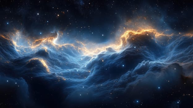 A mesmerizing cosmic landscape reveals swirling clouds of gas illuminated by radiant stars in a vast, dark universe. The vibrant colors create a breathtaking celestial scene.