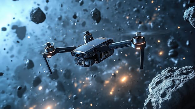 A drone navigates through an asteroid field in deep space, capturing remarkable visuals of massive rocky formations and glowing cosmic dust during its exploration.