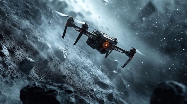 A high-tech drone navigates through a rocky and desolate extraterrestrial landscape, illuminated by a dim light, showcasing its advanced technology in space exploration.