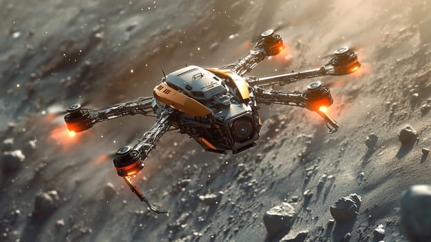 A high-tech drone navigates the lunar landscape, equipped with bright lights and advanced technology, as it explores the surface at twilight, capturing data and imagery.